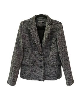 Karl Lagerfeld Paris Tweed Blazer Jacket Coat Tweed Fringe 3Button Size 8 Boucle